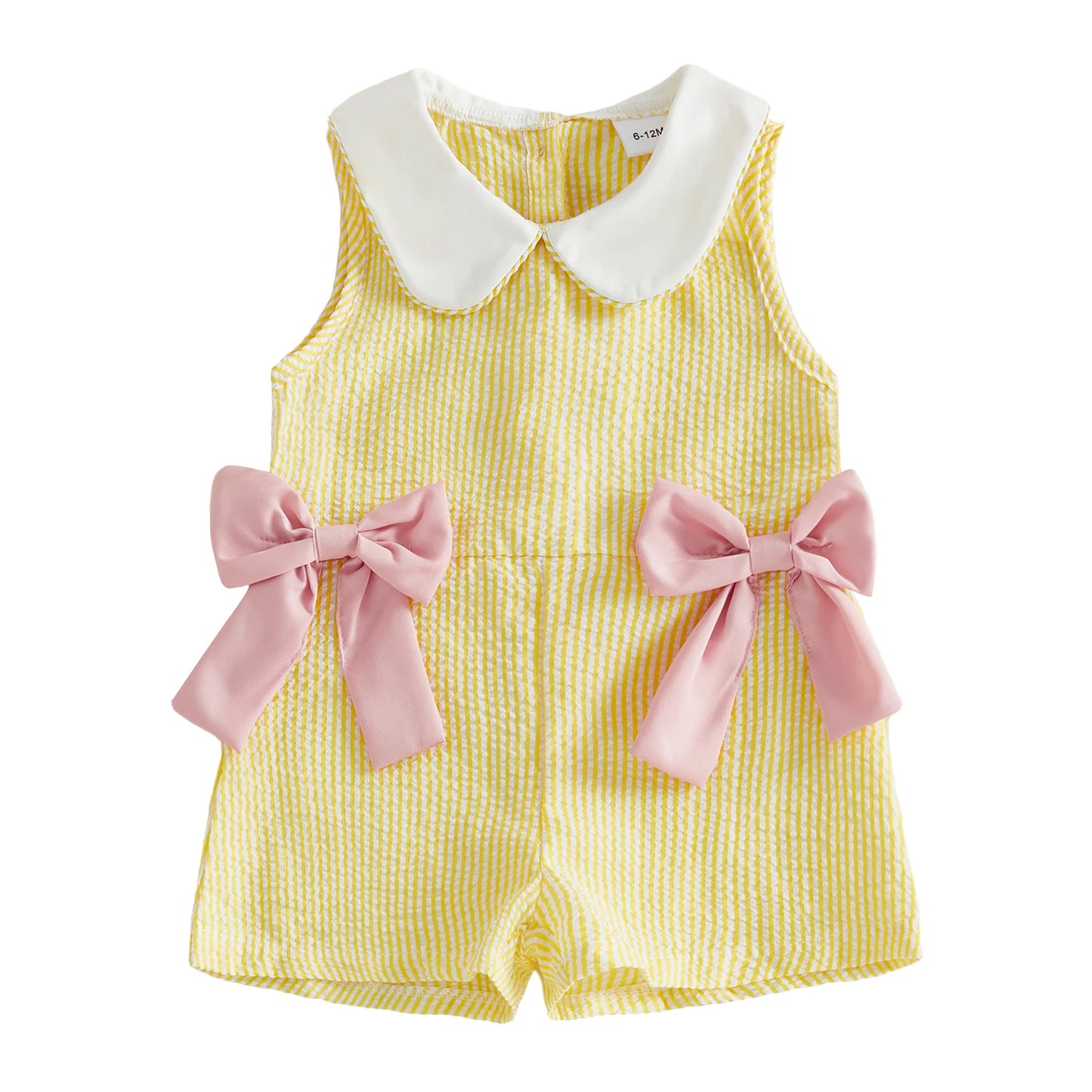 Infant Girls Sleeveless Striped Jumpsuit with Adorable Bows and Doll Collar Casual Summer Overalls for Toddlers