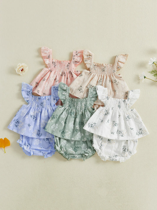 Toddler Girl Floral Print Flutter Sleeve Top and Shorts Set for Summer Cute 2 Piece Outfit for Casual Wear