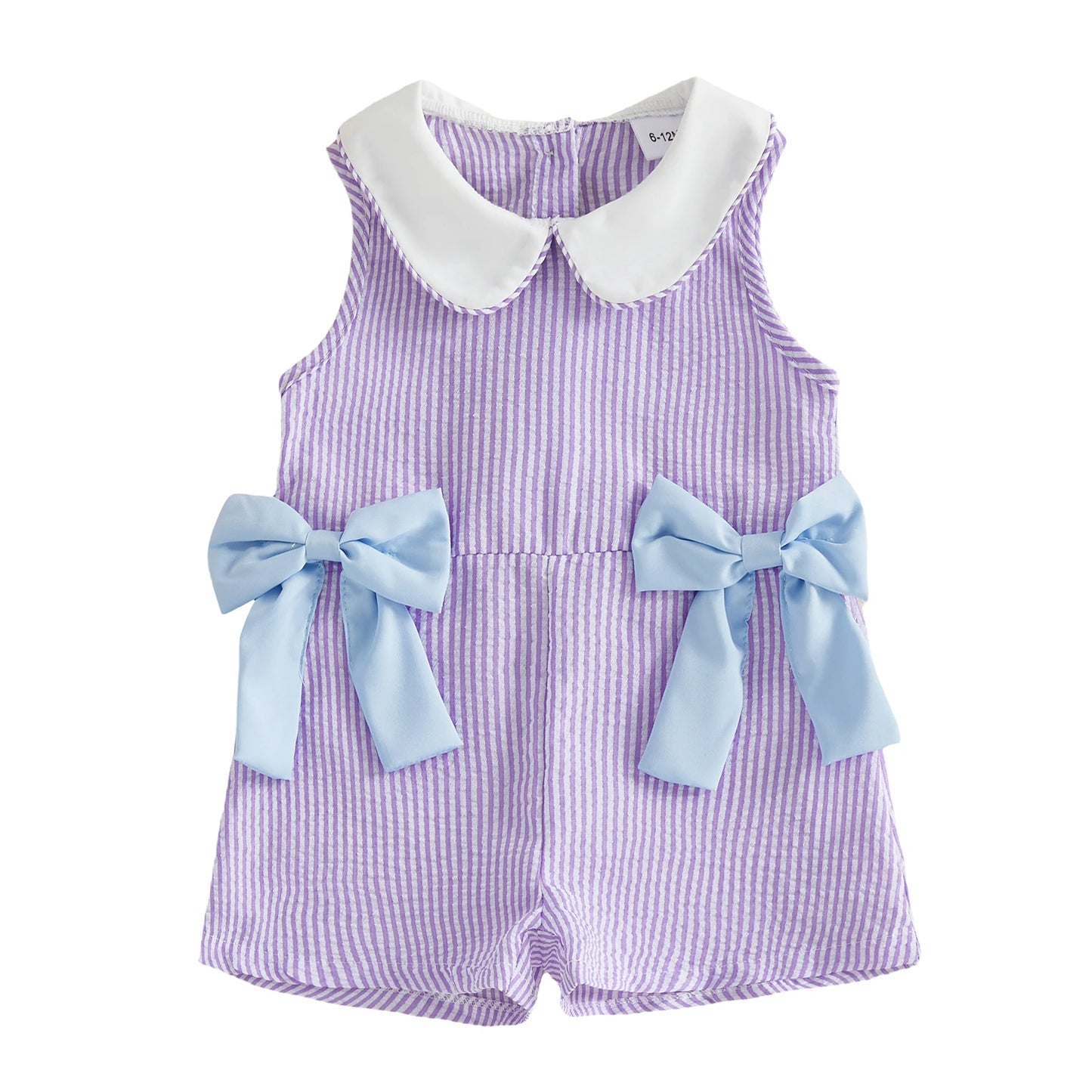 Infant Girls Sleeveless Striped Jumpsuit with Adorable Bows and Doll Collar Casual Summer Overalls for Toddlers
