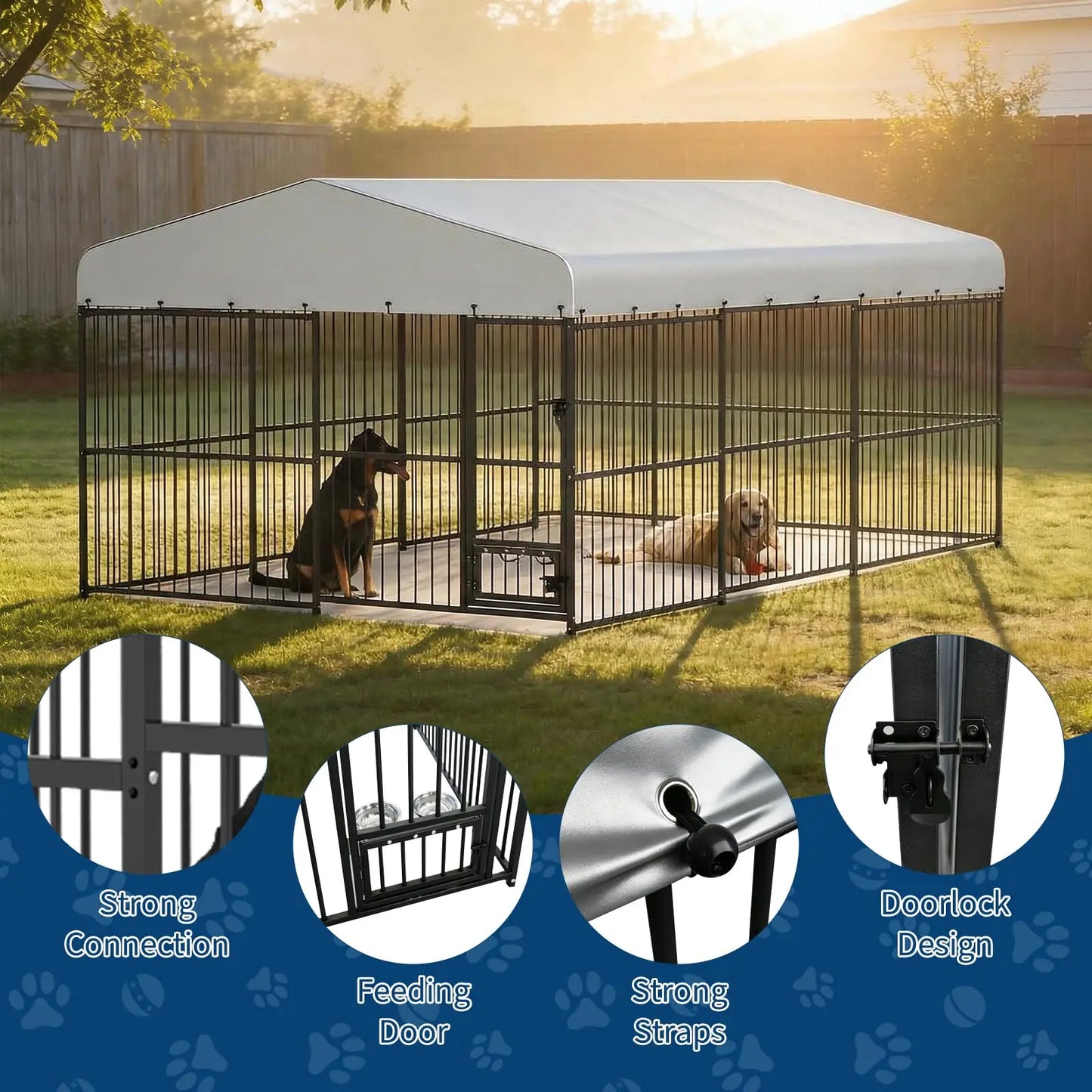 10x15/10x20 FT Heavy Duty Large Outdoor Dog Kennel Metal Pet Enclosure With Waterproof Cover & Feeding Door Backyard Pet Plaype