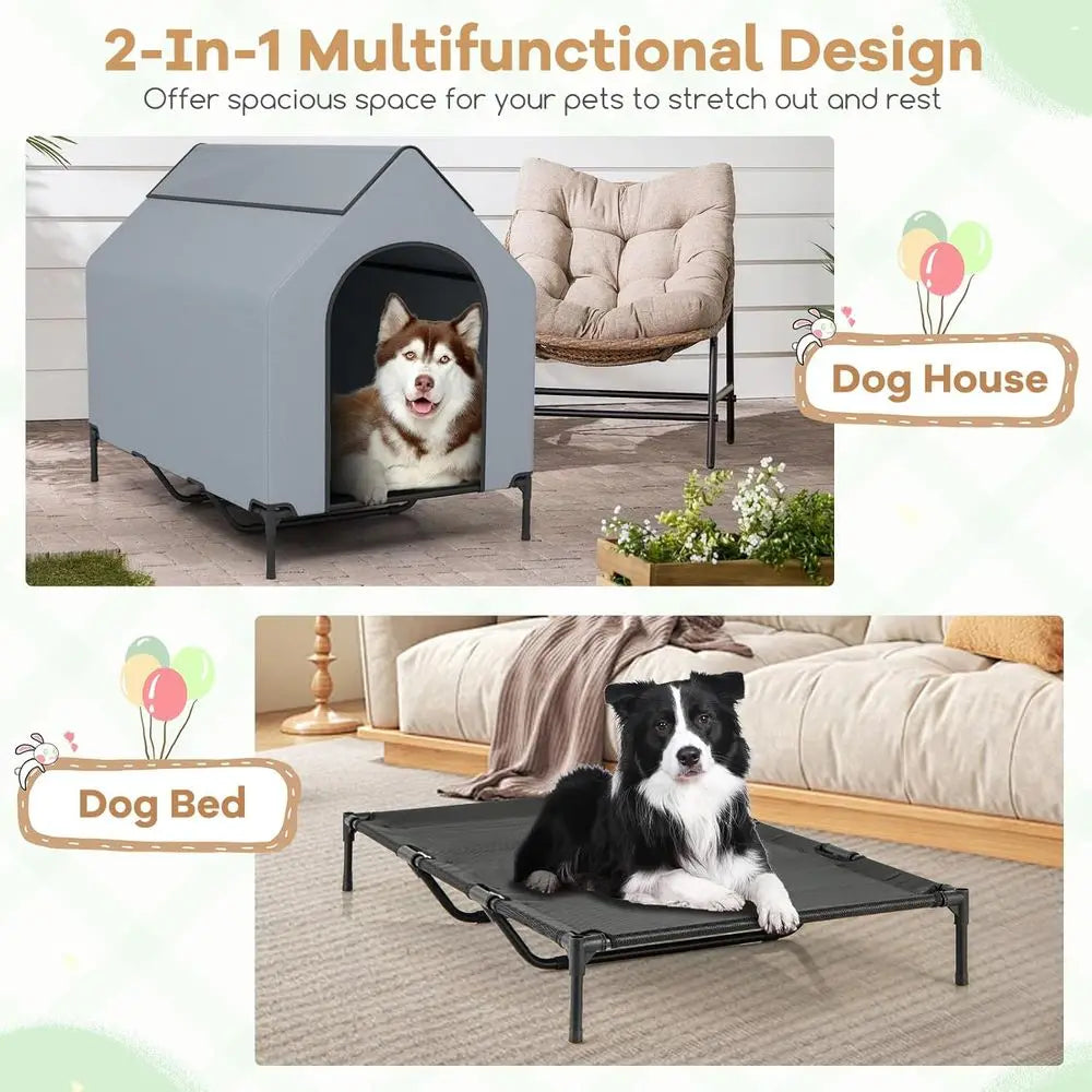 52 Outdoor Large Dog House with Elevated Bed, Weatherproof, 2 Windows, Mesh Fabric, XL Dog Shelter