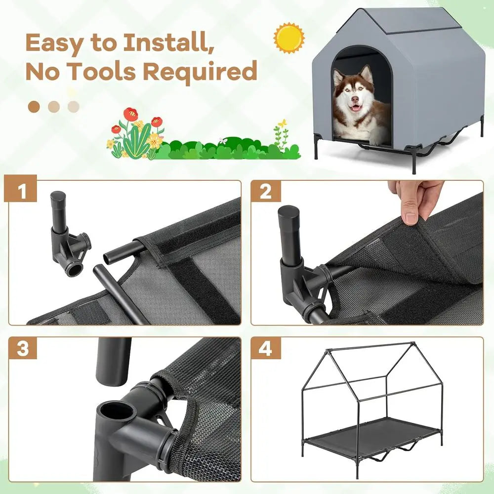 52 Outdoor Large Dog House with Elevated Bed, Weatherproof, 2 Windows, Mesh Fabric, XL Dog Shelter