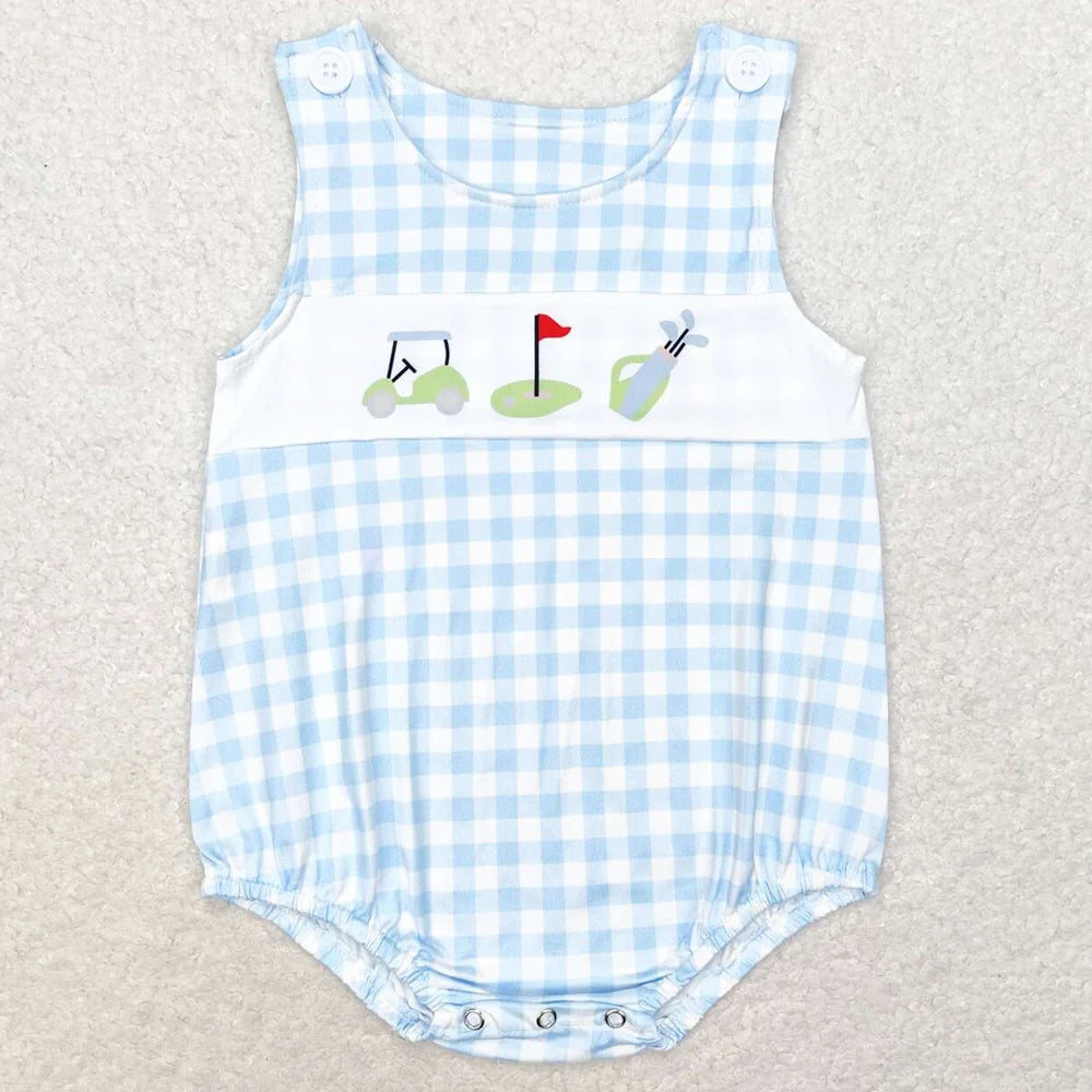 Hot Sale Baby Infant Boys Rompers Golf Hole In One Green Checkered Sleeveless Rompers Boutique Toddler Boys Onesie Bubble Romper