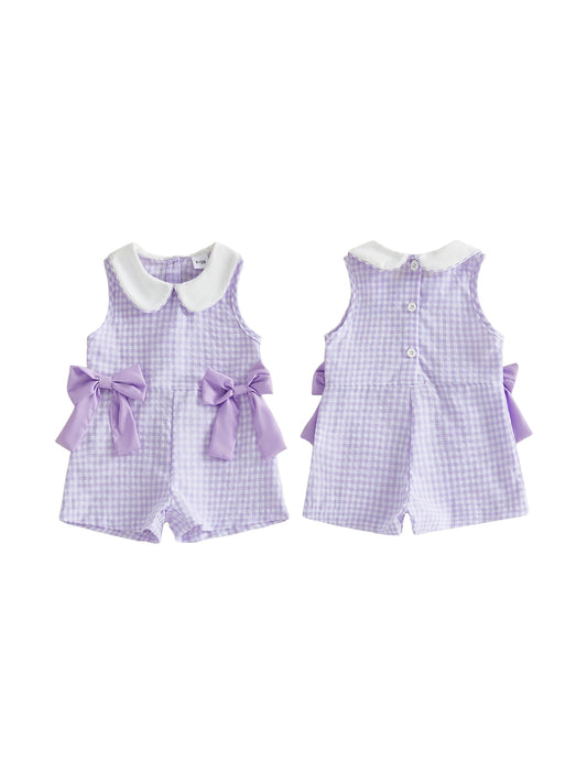 Infant Girls Sleeveless Striped Jumpsuit with Adorable Bows and Doll Collar Casual Summer Overalls for Toddlers
