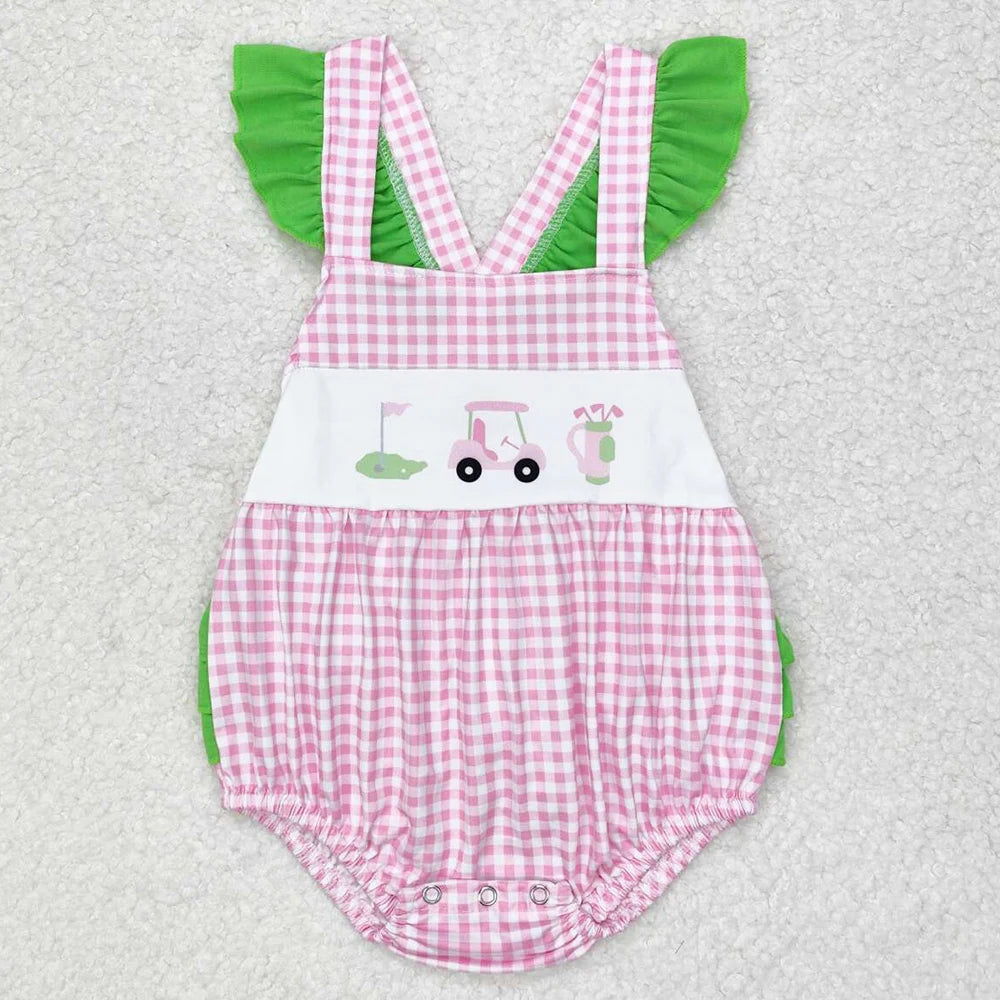 Hot Sale Baby Infant Boys Rompers Golf Hole In One Green Checkered Sleeveless Rompers Boutique Toddler Boys Onesie Bubble Romper