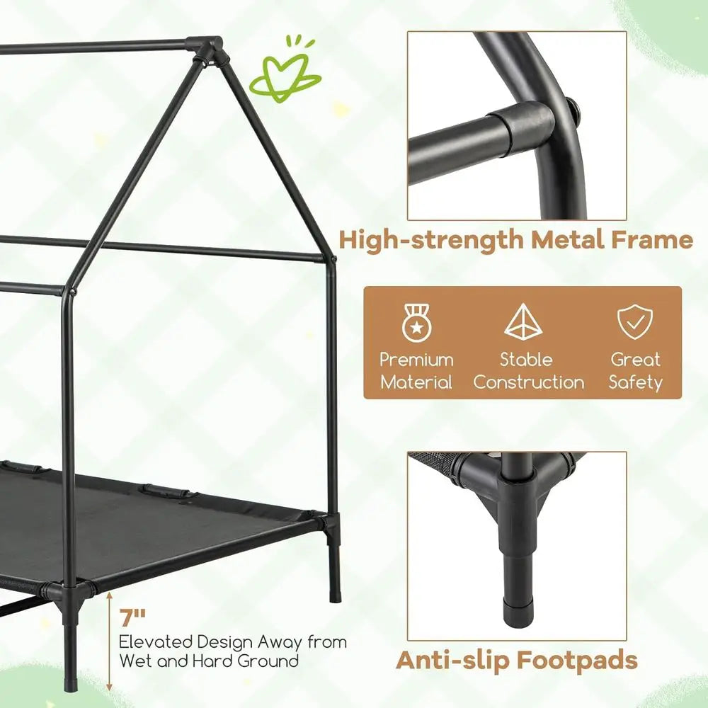 52 Outdoor Large Dog House with Elevated Bed, Weatherproof, 2 Windows, Mesh Fabric, XL Dog Shelter