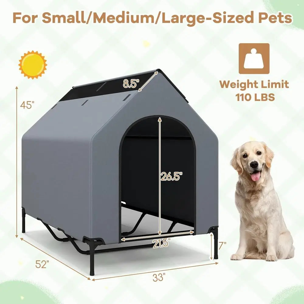 52 Outdoor Large Dog House with Elevated Bed, Weatherproof, 2 Windows, Mesh Fabric, XL Dog Shelter