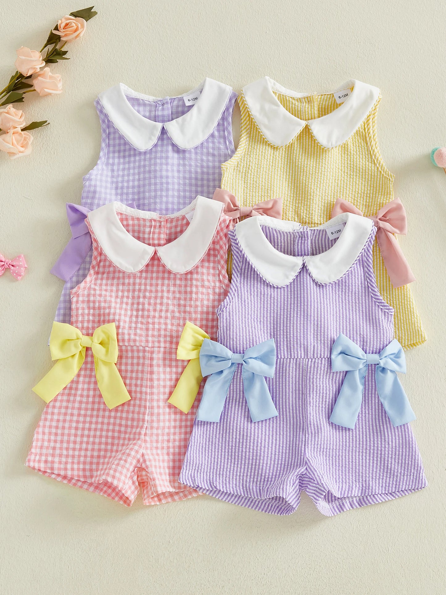 Infant Girls Sleeveless Striped Jumpsuit with Adorable Bows and Doll Collar Casual Summer Overalls for Toddlers