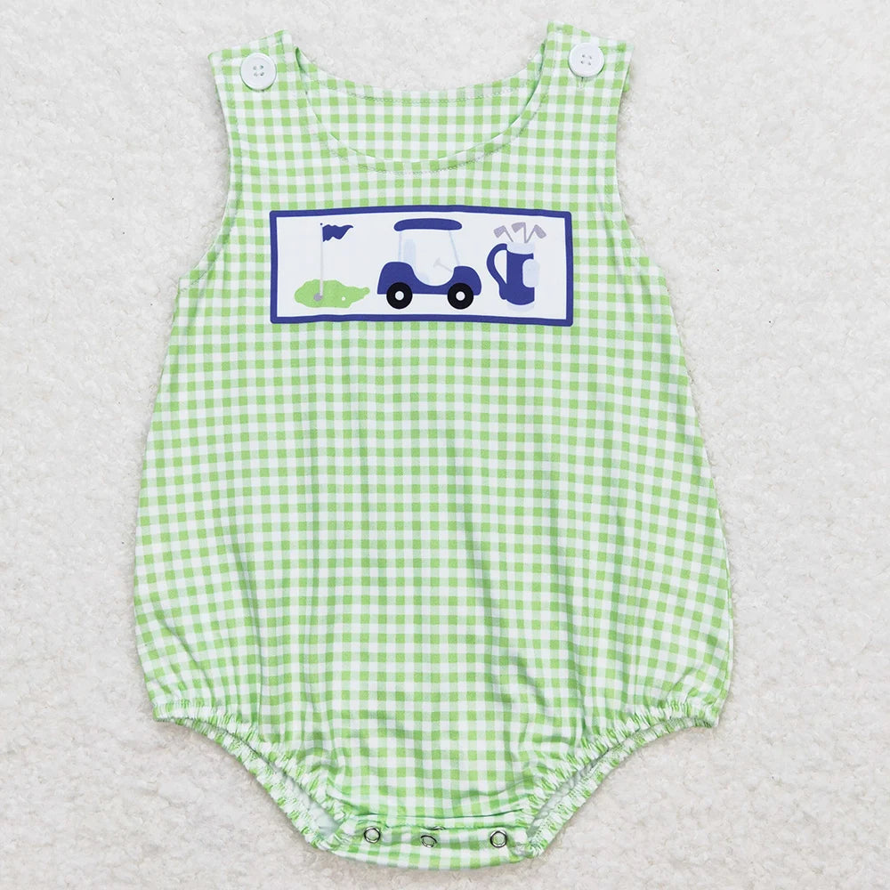 Hot Sale Baby Infant Boys Rompers Golf Hole In One Green Checkered Sleeveless Rompers Boutique Toddler Boys Onesie Bubble Romper