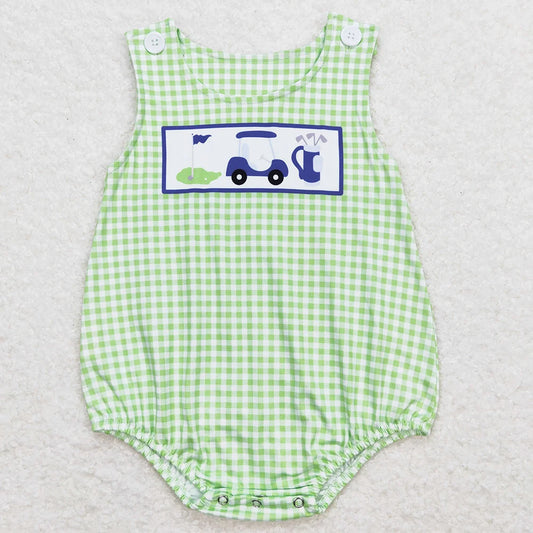 Hot Sale Baby Infant Boys Rompers Golf Hole In One Green Checkered Sleeveless Rompers Boutique Toddler Boys Onesie Bubble Romper