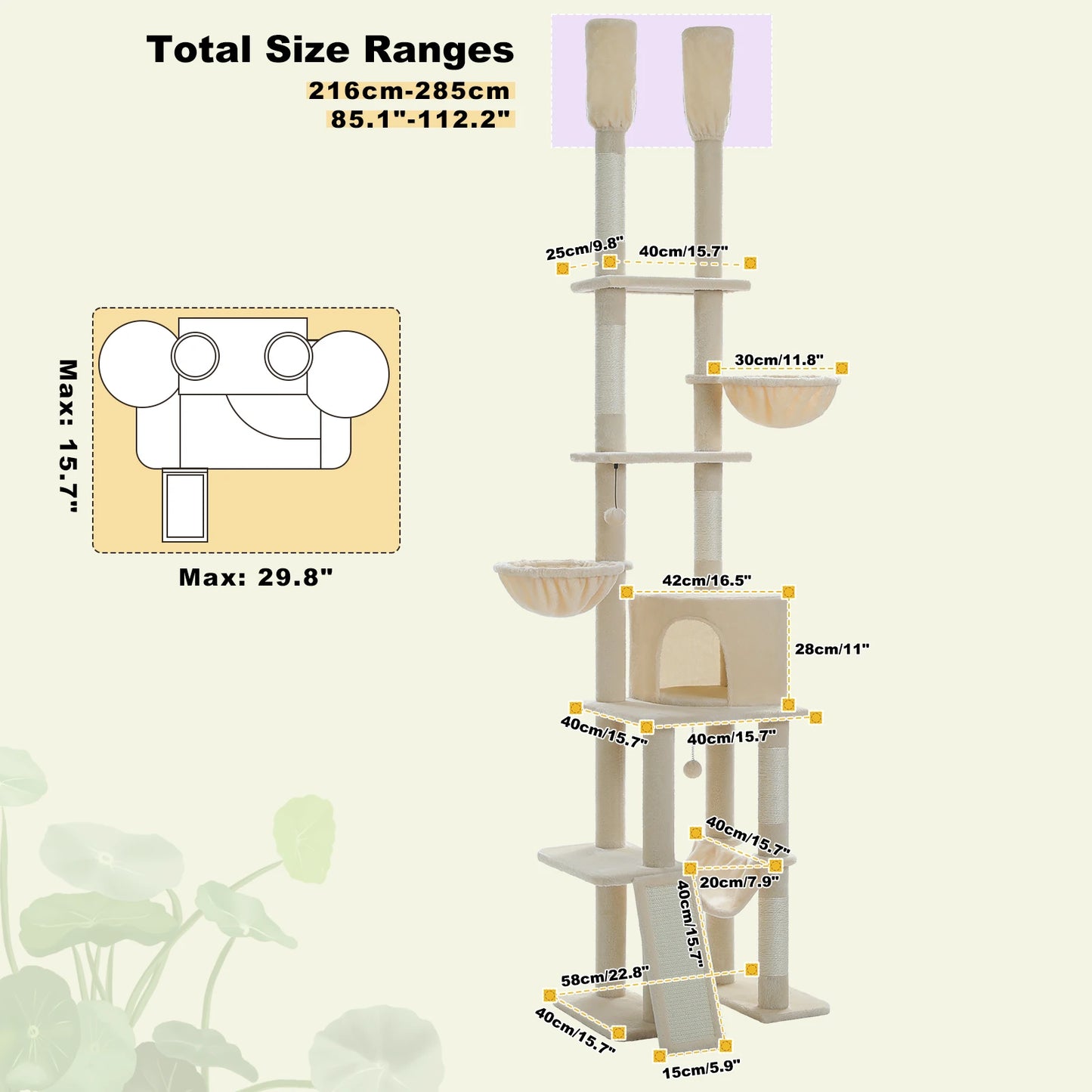 Cactus Cat Tree Floor to Ceiling Cat Tower 7 Tiers Cat Climbing Tree with Cozy Hammocks and Condos 5 Platforms Scratching Posts