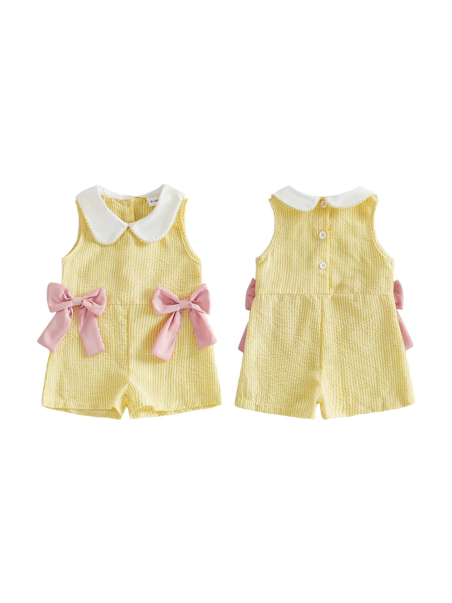 Infant Girls Sleeveless Striped Jumpsuit with Adorable Bows and Doll Collar Casual Summer Overalls for Toddlers