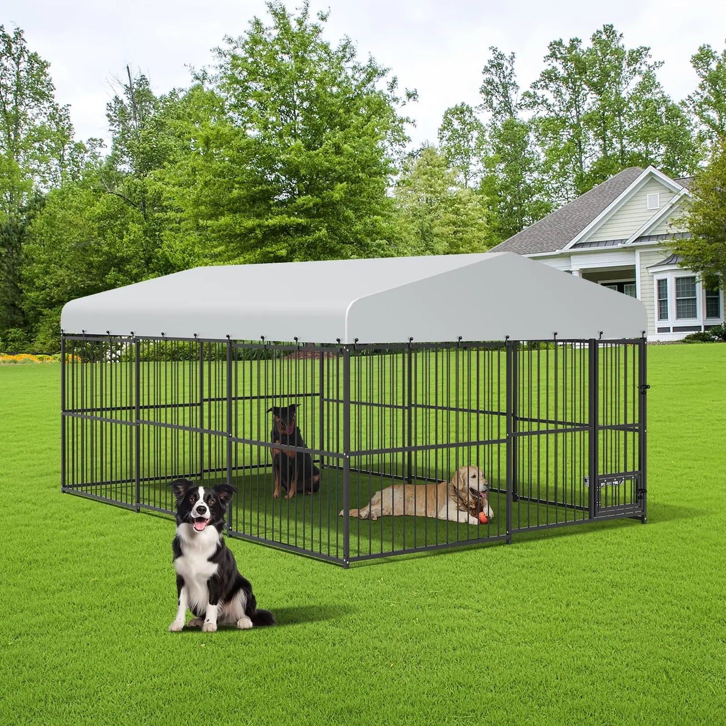 10x15/10x20 FT Heavy Duty Large Outdoor Dog Kennel Metal Pet Enclosure With Waterproof Cover & Feeding Door Backyard Pet Plaype