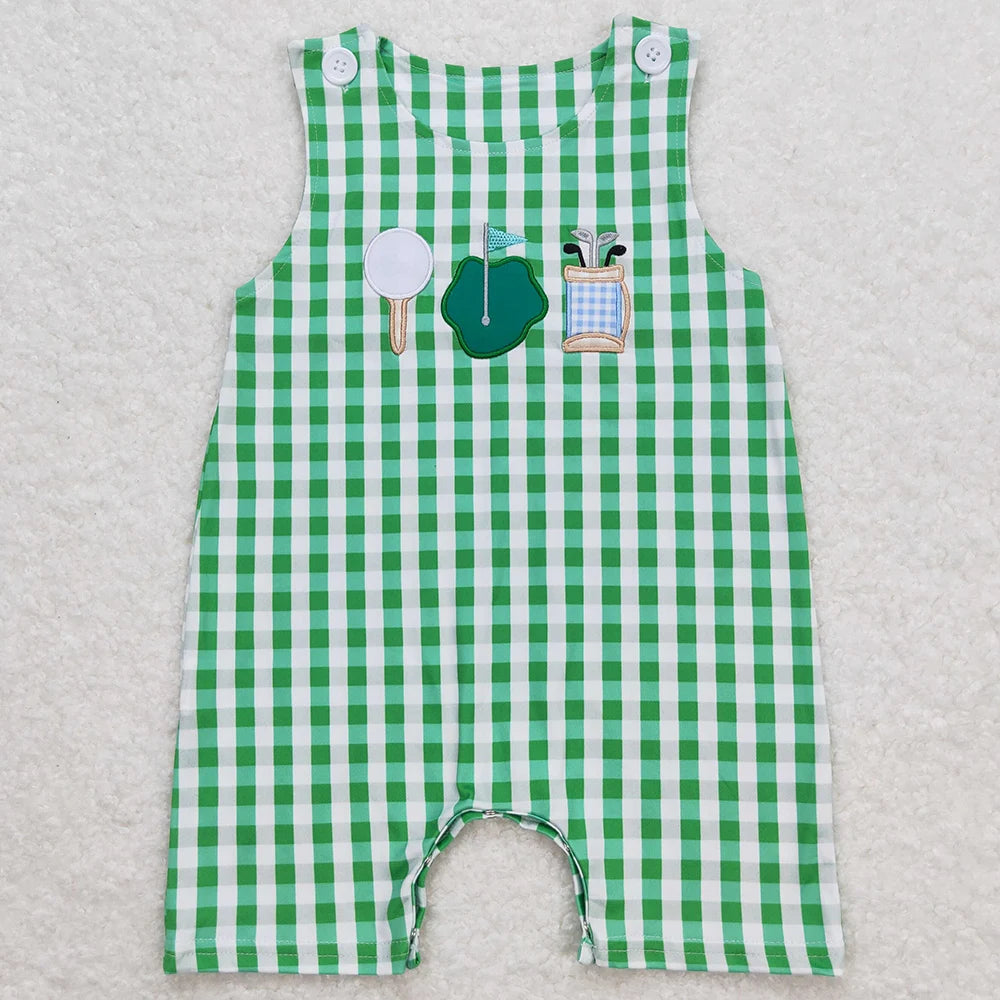 Hot Sale Baby Infant Boys Rompers Golf Hole In One Green Checkered Sleeveless Rompers Boutique Toddler Boys Onesie Bubble Romper