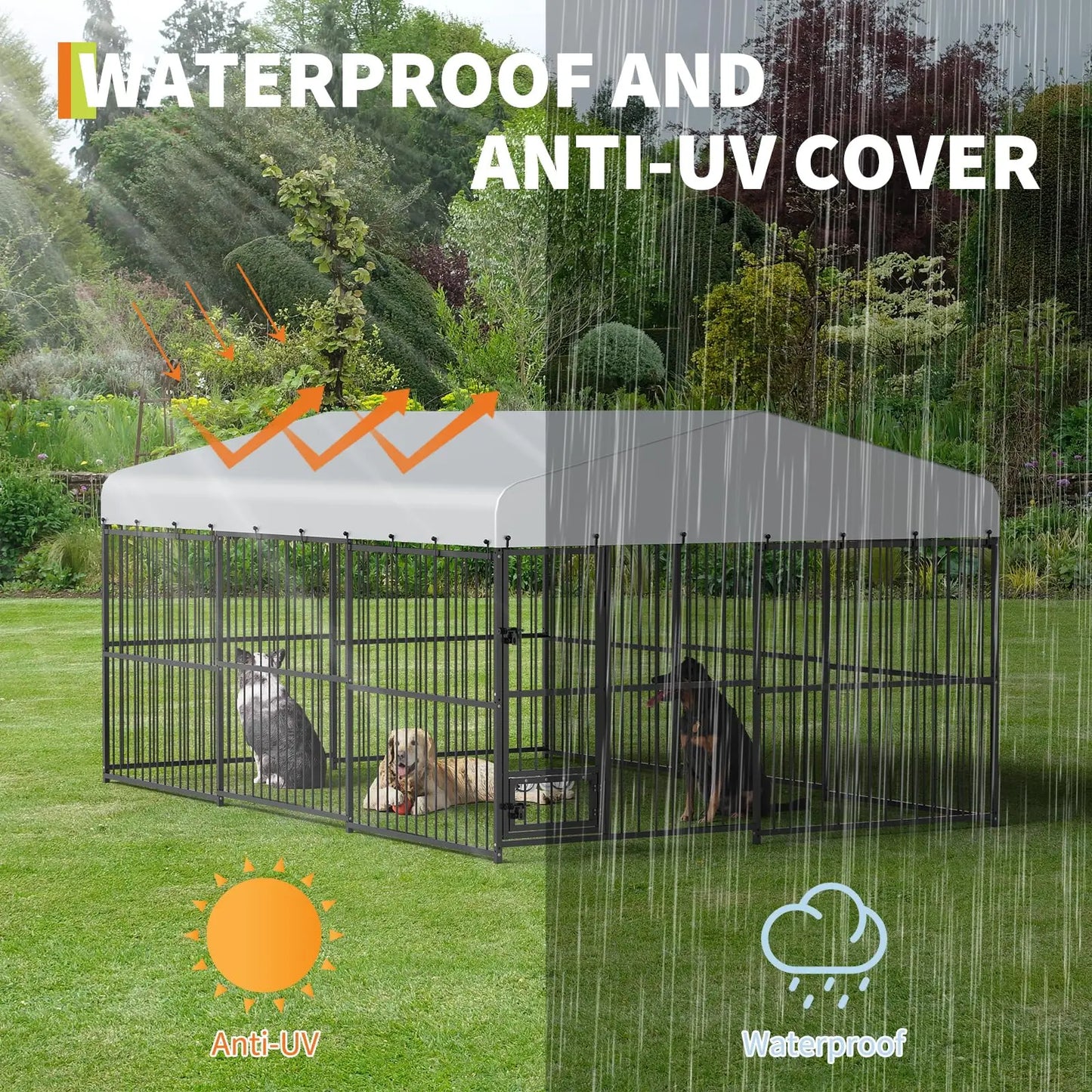 10x15/10x20 FT Heavy Duty Large Outdoor Dog Kennel Metal Pet Enclosure With Waterproof Cover & Feeding Door Backyard Pet Plaype