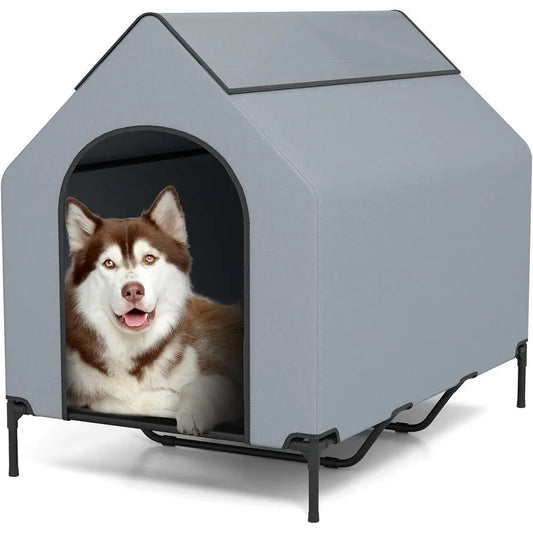 52 Outdoor Large Dog House with Elevated Bed, Weatherproof, 2 Windows, Mesh Fabric, XL Dog Shelter
