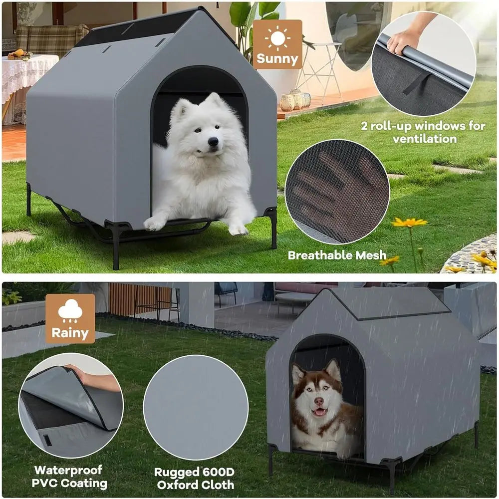52 Outdoor Large Dog House with Elevated Bed, Weatherproof, 2 Windows, Mesh Fabric, XL Dog Shelter