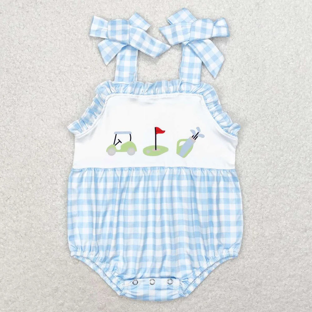 Hot Sale Baby Infant Boys Rompers Golf Hole In One Green Checkered Sleeveless Rompers Boutique Toddler Boys Onesie Bubble Romper